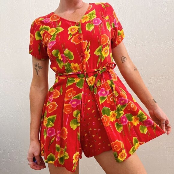 Vintage 1980/90's Red Floral Printed Button Up Playsuit Romper Dress - Picture 8 of 9